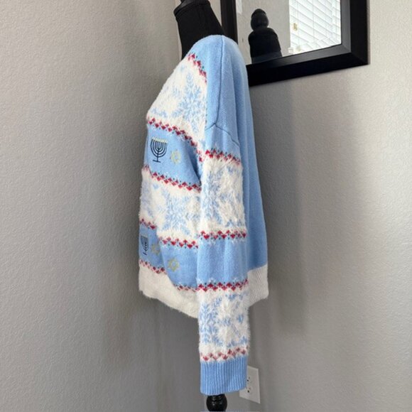 Celebrate Hanukkah Menorah Star of David Blue Knit Pullover Sweater XL - Picture 8 of 12